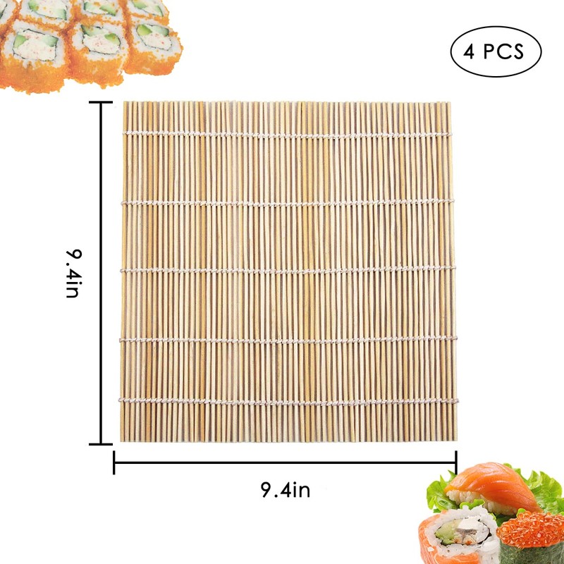LEEFONE 4 PCS 9.5" x 9.5" Natural Bamboo Sushi Rolling