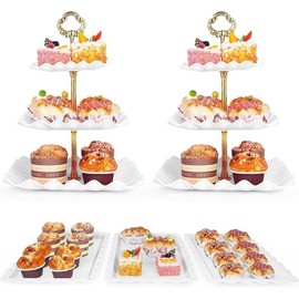 5 count Dessert Table Display Set - 2 count 3-Tier Dessert Display Stands & 3 count Serving Tray - Dessert Trays for  Parties,Birthdays &  Showers - Color: Pink