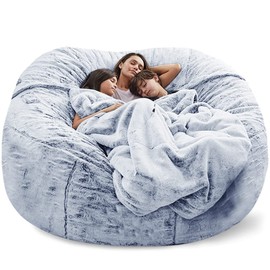 Giant Fur Bean Bag Chair Cover for Kids Adults, (No Filler) Living Room Furniture Big Round Soft Fluffy Faux Fur Beanbag Lazy Sofa Bed Cover (Snow Grey, 7FT)