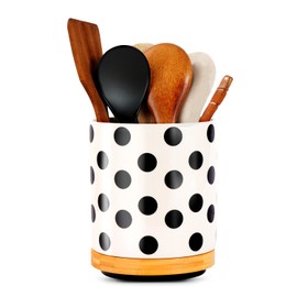 Ceramic Utensil Holder for Countertop,360°Rotating Cooking Large White Boho Polka Dot Utensils Crock for Kitchen Counter Farmhouse Spatula Holder Kitchen Utensil Holders and Storage Organizer Caddy