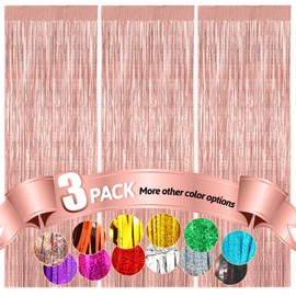 Fannev Pink Metallic Tinsel, 3pcs 3.3x8.2 Feet Foil Fringe Curtains Back Drop for Pink Party Birthday Wedding Bachelorette Baby Shower Holiday Party Decorations Photo Booth Props