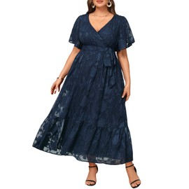 Navy Blue Dress for Women Plus Size Wedding Guest Summer Wrap V Neck Semi Formal Lace Floral Maxi Dresses with Belt
