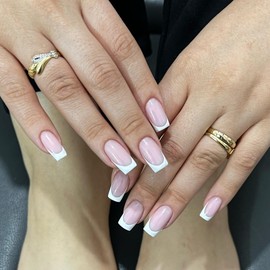 KQueenest 30 Pcs White French Tip Press on Nails Short Square, French Tip False Nails Short Coffin, Custom Thick Acrylic Fake Nails Set Natural Nude Gel Stick on Nail for Women Daily Wedding Wear