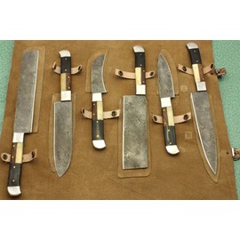 7 Pieces Damascus Steel Kitchen Knife Set, Custom Made Hand Forged Damascus Steel Full Tang Blade, Overall 70 inches Length of Damascus Sharp Knives, Cow Hide Suede Leather Sheath
