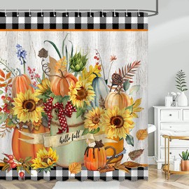 Mocsicka Fall Shower Curtain Autumn Pumpkin Leaves Harvest Bathroom Shower Curtain Thanksgiving Farmhouse Waterproof Bathtub Curtain Decor with 12 Hooks 72 X 72 Inches
