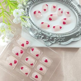 Valentine's Day Press on Nails Short Square Fake Nails with Red Heart Designs Nude Nails Press ons Glossy Glue on Nails White Spot Acrylic Nails Artificial Stick on Nails for Women 24Pcs