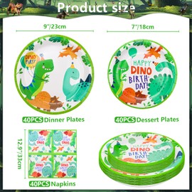 Inspireyee 120 Pack Dinosaur Birthday Party Accessory Set Dinosaur Theme Tableware Set Dino Happy Birthday Plates Dino Napkins Dino T-Rex Party Decoration Set for 40 People