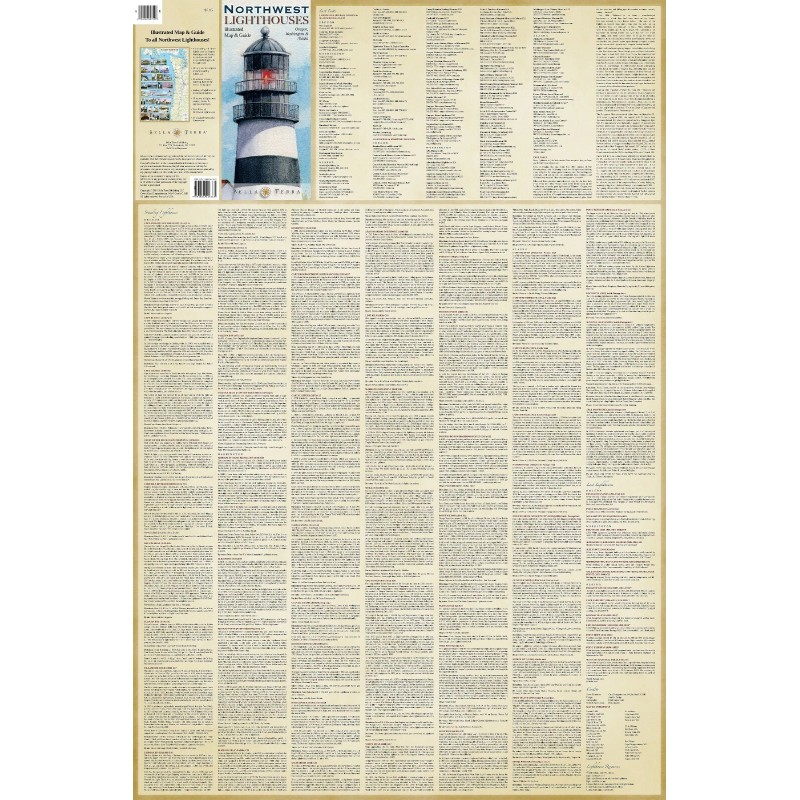 Pacific Northwest Lighthouses Illustrated Map Poster 24x36 Laminated. OR, WA,