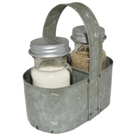 Farmhouse Salt and Pepper Shakers with Caddy Set - Rustic Vintage Style - Galvanized Steel - 3 Piece Set by SciencePurchase (1 Pack)