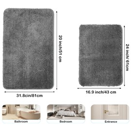 RUN HELIX Bathroom Mat 40x60cm, 0.8inch Fluffy Long Hair Non-slip Super-Absorbent Machine Microfibre Washable Bath Rugs for Bathroom Bathtub Floor, Grey