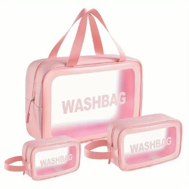 Pink Transparent PVC Cosmetic Bag 3pcs, Waterproof, 3 Sizes, for Travel and Daily Use