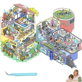 2 PCS Sticker Therapy Store, Sticker Therapy, 3D Sticker Scene, Scene Stickers 3D Make for Fun Cute 3D Stickers, Forest Tree House, Canned Apartment, with Tweezers (Super Large Edition)