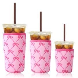 Lyreh 3pcs Iced Coffee Sleeve, 3 Sizes Reusable Cup Sleeves for Cold Drinks Insulated Neoprene Iced Beverage Holder Cup Accessories for Dunkin Hot & Cold Coffee Drinks(Pink Bow)