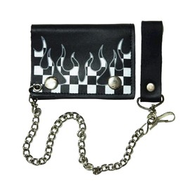 Checkered Flag Flames Biker Chain Leather Wallet Tri Fold