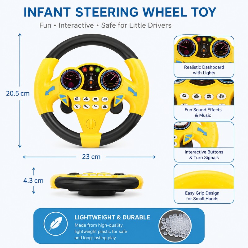 Kids Simulation Steering Wheel Toy for Pretend Play – Light