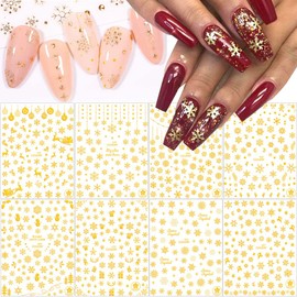 8 Sheets Gold Snowflake Nail Art Stickers,3D Christmas Theme Nail Art Accessories Decals Christmas Snowflakes Deer Leaf Designs Sticker Xmas Winter Nails Supplies Foil Sticker for Manicure Decorations