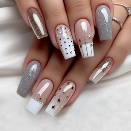 24Pcs Fake Nails Press on Nails Medium Long Coffin French Tip with Nude White Gold Glitter Design Acrylic False Nails Thick Glossy Full Cover Glue on Nails Stick on Nails for Women W1711