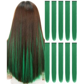 Hair Extensions Clip in,22 Inch Colored Hair Extensions Straight Hairpiece,Multi-colors Party Rainbow Long Straight Colored Long Synthetic Hair Extensions for Women Girls (10 PCS Dark Green)