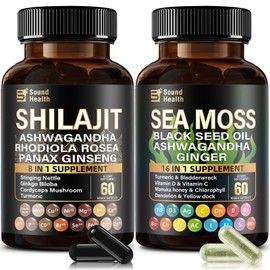 SoundHealth Wild Organic Irish Sea Moss and Shilajit - 8000mg Sea Moss, 10000mg Shilajit, Ashwagandha 2000mg, Ginseng, Vitamin C, Vitamin D3, Black Seed Oil - 2 Bottles of 60 Capsules1