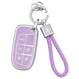PIFOOG Key Fob Cover for Jeep Cherokee Grand Cherokee Compass Renegade Accessories Purple Bling Keychain 5 Button Car Keys Case Shell Full Covers Protector Cute TPU Women Girly
