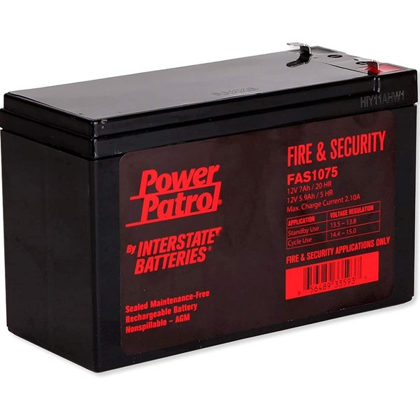 Interstate Batteries Power Patrol 12V 7Ah Fire & Security Alarm Battery (FAS1075) Sealed Lead Acid Rechargeable SLA AGM (F1 Terminal) Fire Alarms, Security Systems