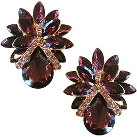 LARGE Art Deco Antique Vintage Retro Style Eggplant Plum Purple Rhinestone Bridal Bridesmaid Wedding Prom Pageant Drag Queen Statement Cluster Earrings, rhinestone crystal, rhinetone