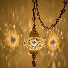 DEMMEX Plug-in Turkish Moroccan Mosaic Hanging Pendant Ceiling Light – Swag Lamp Fixture with 15ft Cord & Chain, Handcrafted Glass, Vintage Tiffany Style, Mediterranean Exotic Decor, Amber Brown