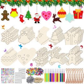 Christmas Decoration Craft Set, Christmas Crafts for Children, Wooden Ornaments for Painting, 224-Piece DIY Set, Christmas Decoration, Christmas Tree Decoration