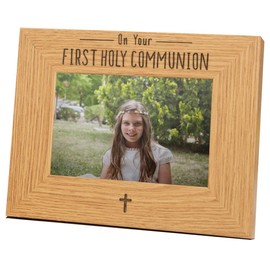 ‘On Your First Holy Communion’ Photo Frame - 1st Holy Communion Gifts - Communion Gift Ideas for Girls Boys or Goddaughter Godson - Wooden 6x4” Engraved Landscape Picture Frame with Cross Design