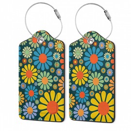 2Pcs Luggage Tag for Suitcase Hippie Flower Dasiy Cute Suitcase Tag with Privacy Flap & Name ID Label & Metal Loop,Travel Bag Luggage Tags for Women