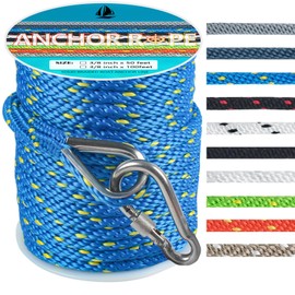 3/8 Inch 100 FT Anchor Rope, Boat Anchor Rope Solid Braid MFP, Anchor Line with 316 Stainless Steel Thimble and Snap Hook - Blue & Yellow