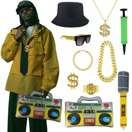 80s 90s Outfit for Men Women, 10-Piece Hip Hop Costume Kit for Theme Party, with Inflatable Boom Box Phone Microphone