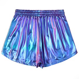Women's Metallic Holographic Shorts Sparkly Pants 90s Disco Alien Outfit Shiny Rave Costumes with Sunglasses Size S