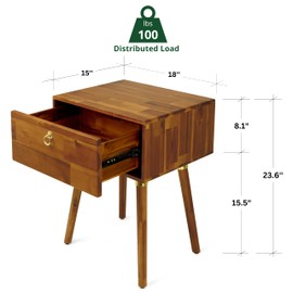 Bme Alden Solid Wood Nightstand/Side Table/End Table, Fully Assembled, with 1-Drawer for Mid Century Bedroom and Living Room, (12mm), Caramel