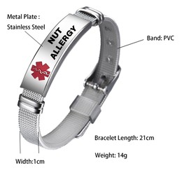 TGLS Red Medical Alert ID Nut Allergy Bracelet for Women Men's Emergency First Aid Health Alert Stainless Steel Plate Adjustable PVC Band Bracelets