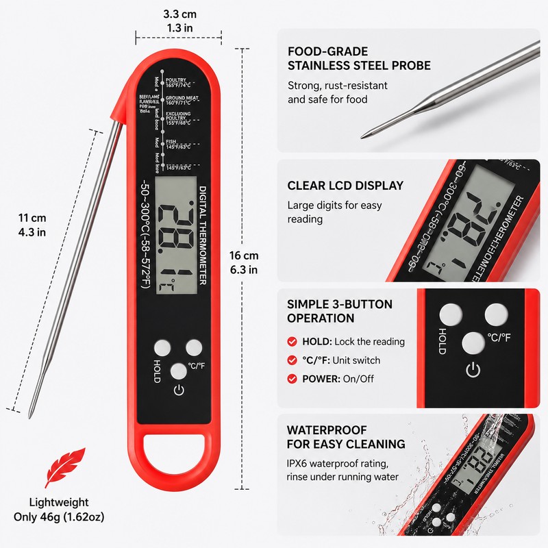 Digital Meat Thermometer for Cooking – Instant Read Waterproof Probe