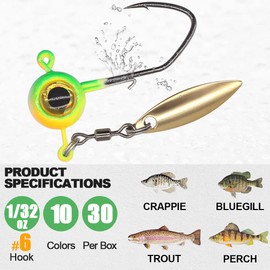 Crappie Jig Heads Kit With Underspin Spinner Blade - Lures and Jigs for Fishing - 30 & 50 Pack, 1/8, 1/16, 1/32 oz