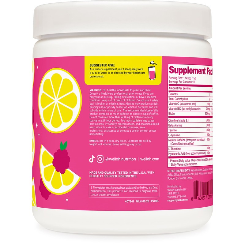 Wellah Get-Going Pre-Workout Drink Mix (Raspberry Lemonade Flavored, 30 Servings)