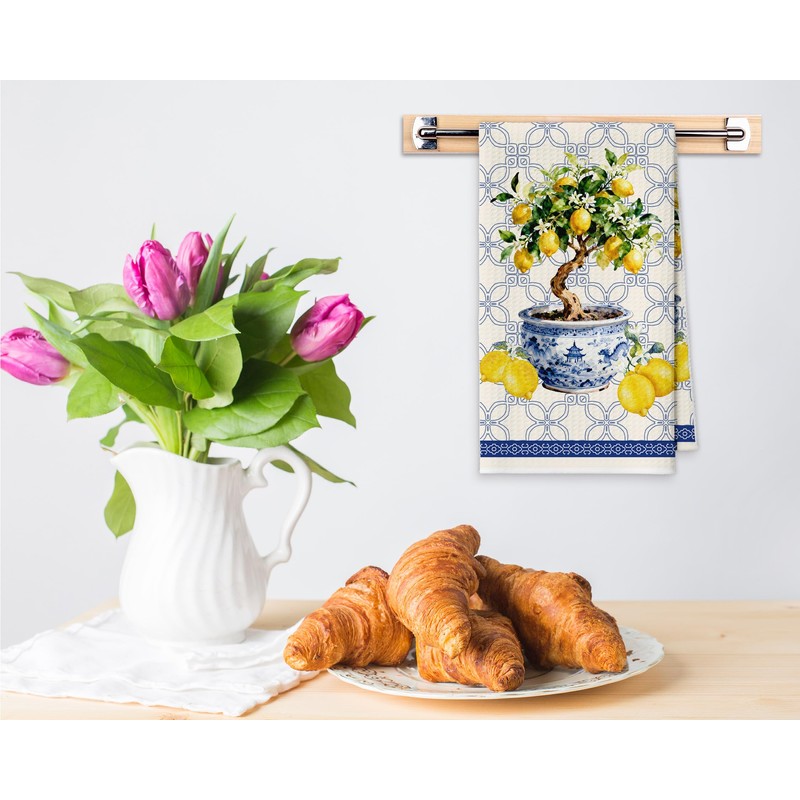 LSJEHTQ Chinoiserie Lemons Tree Kitchen Towels, Blue and White Porcelain
