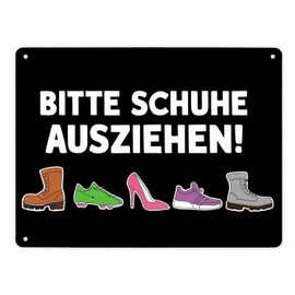 Bitte Schuhe ausziehen Metal Sign XL in 21 x 28 cm Metal Sign XL in 21 x 28 cm Bitte Schuhe ausziehen Black Background with White Text and Brown Boot Design