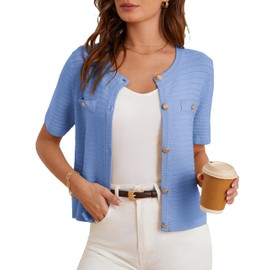 Short Sleeve Cardigans for Women Crew Neck Button Down Soft Summer Sweaters Casual Dreesy Cardigan with Pockets Light Blue XL