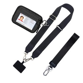 Fashowlife Clip and Go Phone Strap with Zipper Pouch ID Window Wallet Crossbody Phone Lanyards for All Phones Phone Strap Adjustable 55 Inch, Black