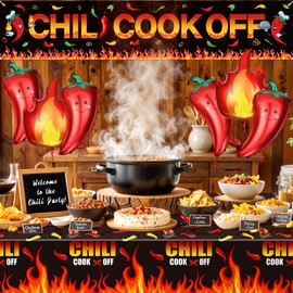 Chili Cook Off Decorations Black Hot Chili Contest Banner 3 Pcs Chili Cook Off Tablecloths Chili Pepper Flame Balloons for Chili Tasting Competition Mexican Fiesta Cinco De Mayo Party Supplies