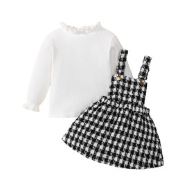 Borlai Toddler Baby Girl Clothing Set Ruffle Long Sleeve Ribbed Romper Top Plaid Braces Skirt Outfits with Headband, Black (black 02)