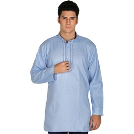 Embroidered Cotton Mens Short Kurta Shirt India Fashion Clothes (Sky Blue, S)