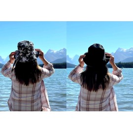 odiva Women's reversable Cotton Printed Bucket beach Hat wired black & white Palm Tree