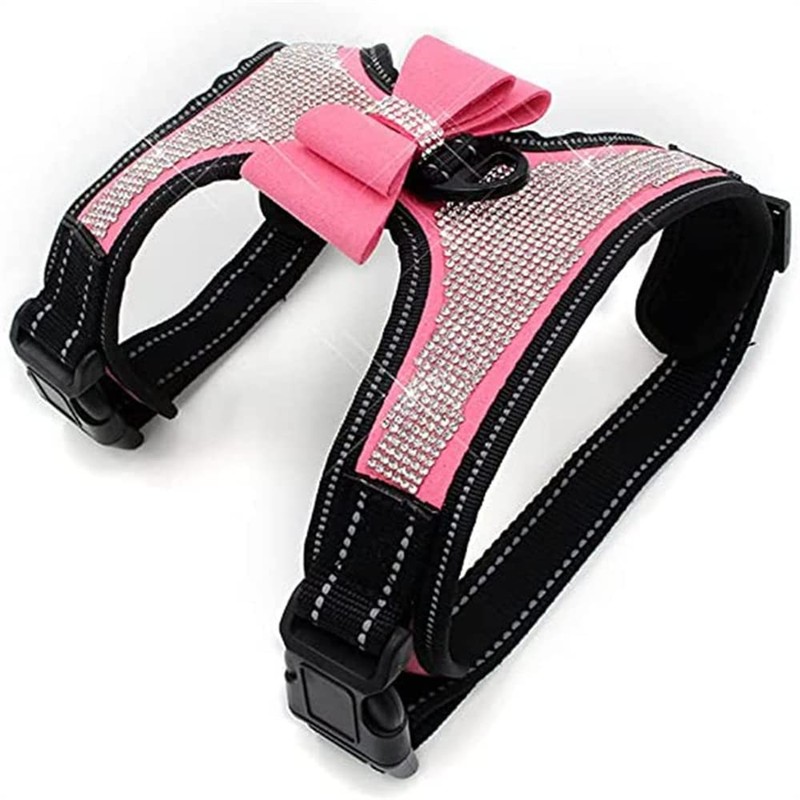 Rhinestone Dog Harness Bowtie,Reflective Cute Bling Sparkling Soft Diamonds Cat