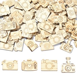 UR URLIFEHALL 100 Pcs Unfinished Wood Cutouts Camera Wood Shapes Blank Wooden Paint Crafts for Gift Tag Home Tree Decor DIY Projects