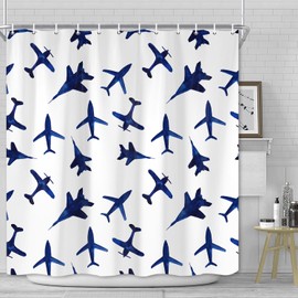 iTapnoom Blue Airplanes Travel Shower Curtain, Aircraft Fighter Minimalist Modern Theme Decor for Bathtub Bathroom Set, Waterproof Polyester Cloth Fabric with 12 Hooks,72x72 Inch
