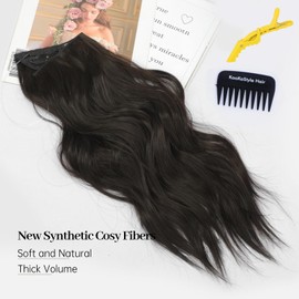 KooKaStyle Invisible Wire Hair Extensions with Transparent Headband Adjustable Size 4 Secure Clips Synthetic Hair Long Wavy Secret Wire Hairpiece for Women(Natural Black 16 Inch)